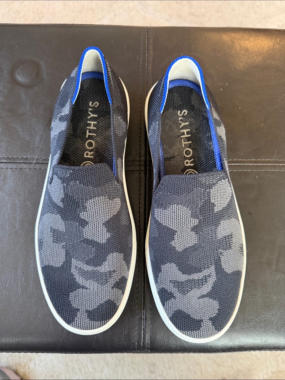 Rothy's Women's Slip-On Sneakers — Black & Gray Camo with Blue Trim